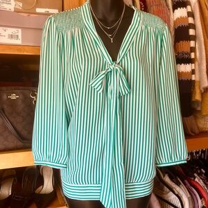 The Limited Green and White Smocked Tie Front Blouse